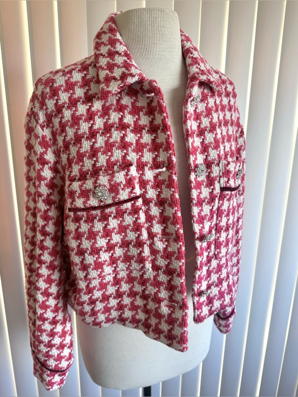 Zara Raspberry and White Tweed Houndstooth Jacket